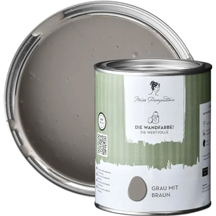 MissPompadour Wandfarbe Die Wertvolle, Grau mit Braun, matte Innenfarbe mit hoher Deckkraft, 1 L, geruchsneutral und spritzfrei, wasserbasiert – Bild 1