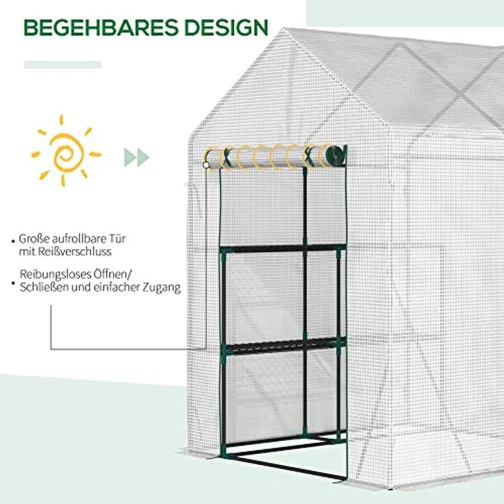 Outsunny Foliengewächshaus begehbares Gewächshaus mit 4 Regalebenen Tomatengewächshaus Treibhaus Frühbeet mit Reißverschlusstüren Weiß Stahl PE-Kunststoff 143 x 143 x 195 cm – Bild 4