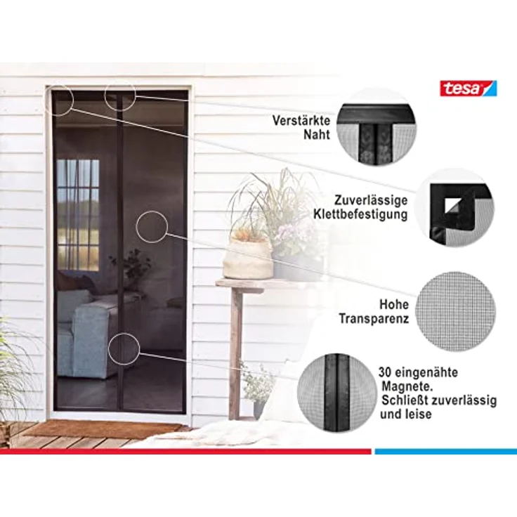 Tesa Magnetvorhang selbstschließend - Insektenschutzvorhang mit Magneten für Balkon und Terrassentüren - zur einfachen Montage ohne Bohren - 2.2 m x 1.0 m – Bild 3
