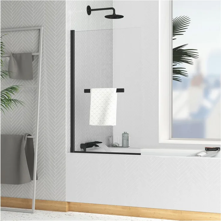 Marwell Walk-in-Dusche Black Touch, Einscheibensicherheitsglas, für Badewanne, mit Handtuchhalter