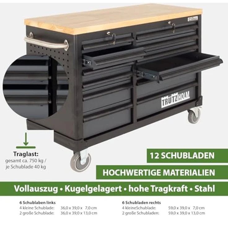 TRUTZHOLM Werkstattwagen Werkstattwagen DELUXE 12 Schubladen unbestückt mit massiver Arbeitspla, Profi Schubladenauszüge bis 40kg Tragkraft – Bild 4