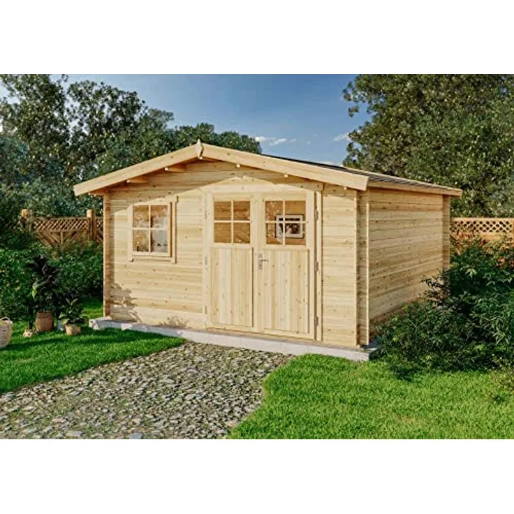 Gartenhaus Valerie-28 mit Fußboden aus Holz, Gerätehaus 428x427, 14,67 m², 28 mm Wandstärke, Holzhaus in Blockbohlen-Bauweise inkl. Fenster und Leimholztür Naturbelassen