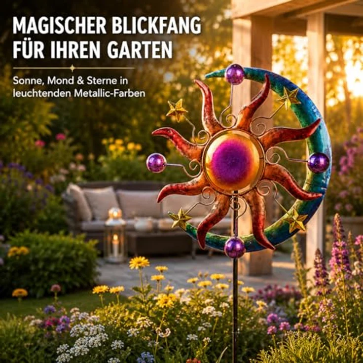 Buntes Windrad Sonne Mond und Sterne für den Garten aus Metall Windspiel Windmühle 124 cm – Bild 3