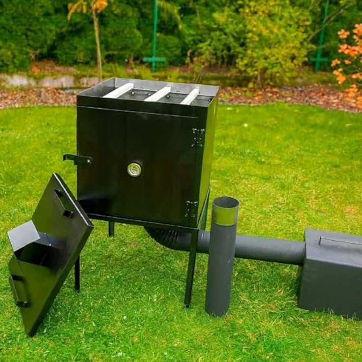 QLS Metall Räucherofen, 50×50×50 cm mit Thermometer, 6 Haken, Deflektor, Rohrset – robuste Stahlblechkonstruktion, hitzebeständig, externer Feuerkasten – Bild 5