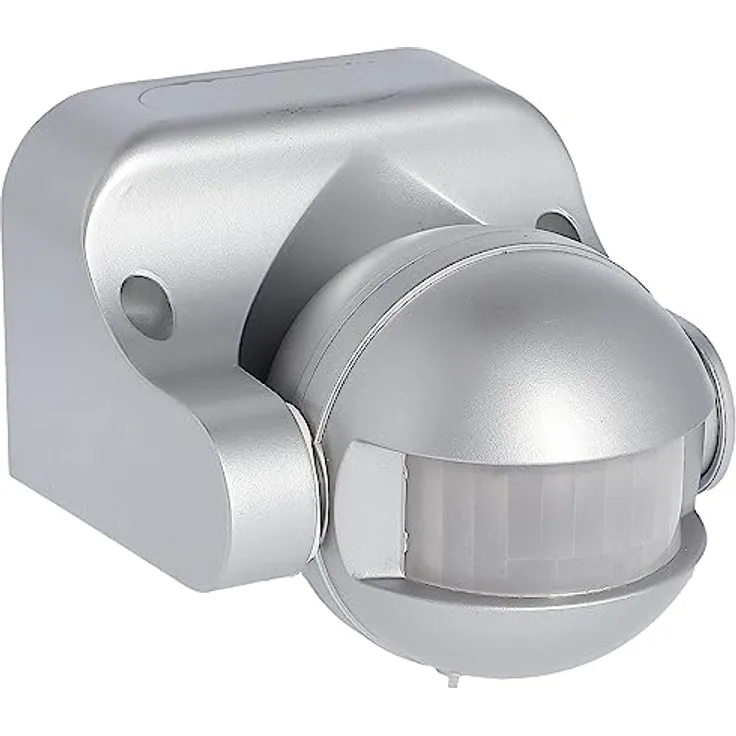 UNITEC Bewegunsgmelder 180°, für Lampen bis 1.200 W, für Innen und Außen, IP 44, 12m Reichweite, neigbarer Kugelkopf, Silber