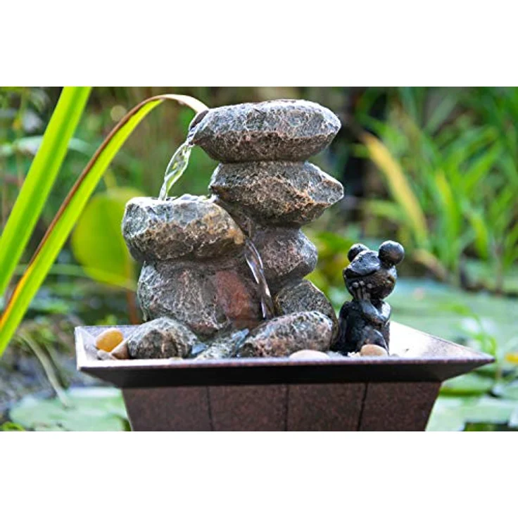 dobar® 96413e Design Tischbrunnen | Zimmerbrunnen Polyresin mit Ziersteinen | Kleiner Springbrunnen | Dekoratives Wasserspiel für Wohnzimmer/Büro/Indoor | Zierbrunnen - 20 x 20 x 21,5 cm | Grau – Bild 5