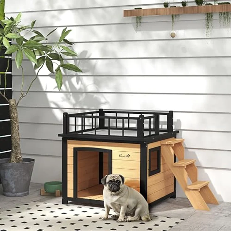 PawHut Hundehütte Hundehaus mit Balkon, Tannenholz, für Kleine und Mittele Hunde, 121L x 77B x 78H cm – Bild 2