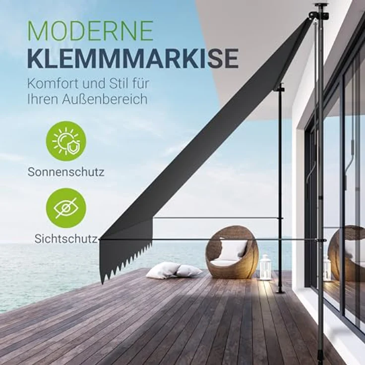 Juskys Klemmmarkise Kapstadt 400x120 cm - Höhenverstellbar & UV-beständig - Wetterfest & Sichtschutz - Terrassenüberdachung Grau – Bild 2