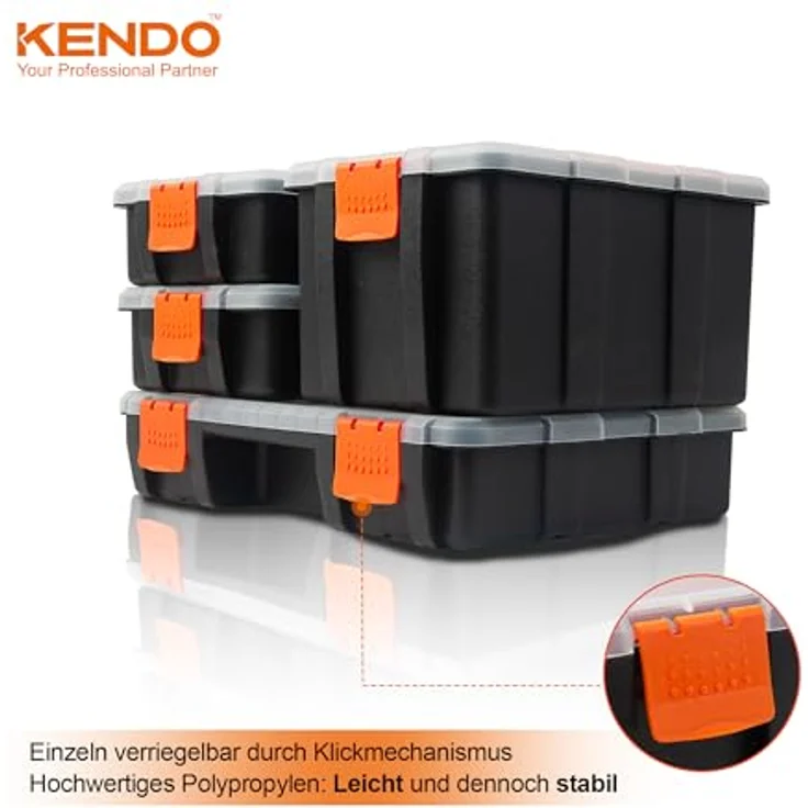KENDO Sortimentskasten Set 4-teilig, mit 49 Fächern, transportable Werkzeugbox aus bruchfestem Polypropylen – Bild 3