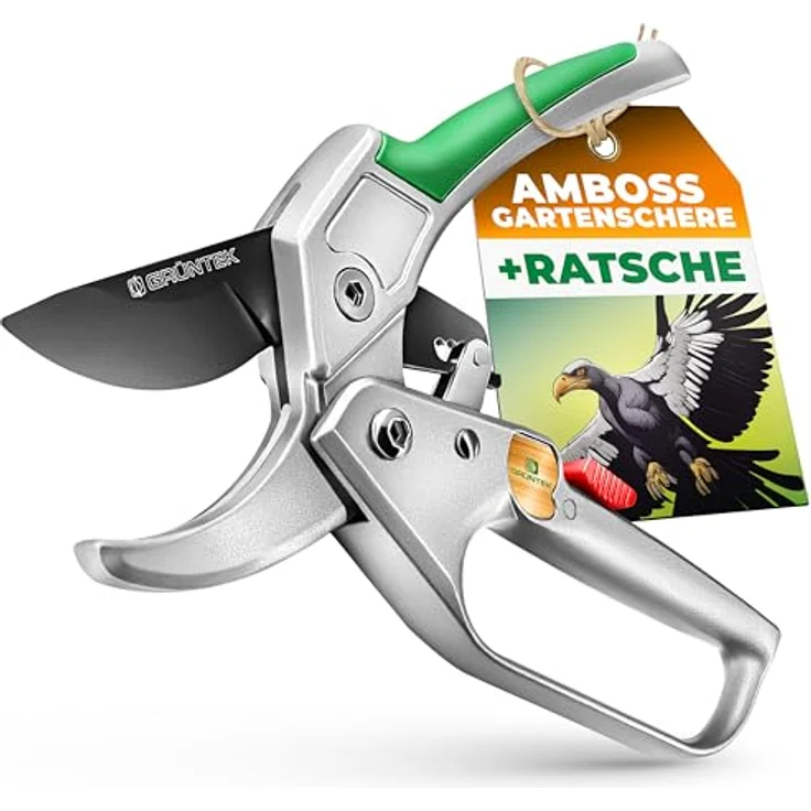 GRÜNTEK Amboss Gartenschere KONDOR 200 mm, automatisch zugeschaltete Ratsche, bis Ø24 mm, SK5 Klinge, Aluminium-Griffe mit PVC Beschichtung, inkl. Ölschwamm und Schärfer, grün – Bild 1