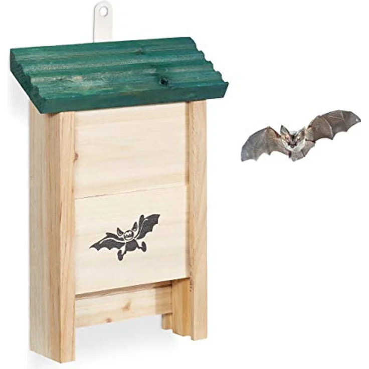 Relaxdays Fledermauskasten, Unterschlupf für Fledermäuse, aus unbehandeltem Holz, HxBxT: 25,5 x 18 x 6 cm, natur/grün – Bild 1