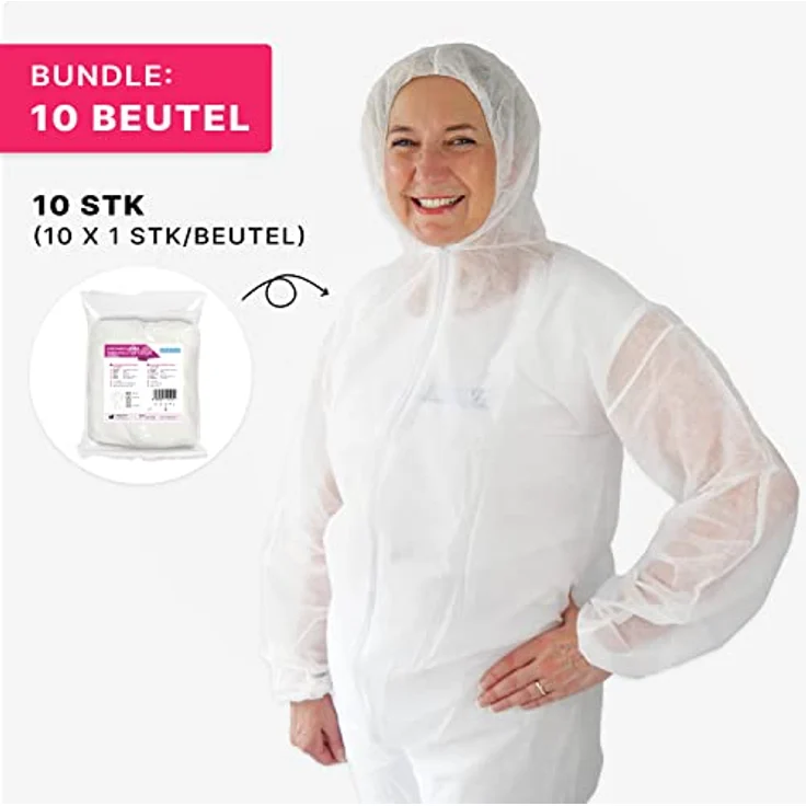 ARNOMED Einwegschutzanzug PP, 10er Set XL in Weiß, atmungsaktiv mit Kapuze, reißfest, ideal als Maler- und Lackieranzug – Bild 2