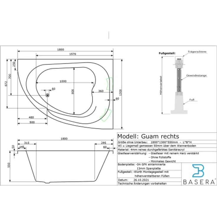 Basera® Whirlpool-Badewanne PREMIUM Indoor Eck-Whirlpool Badewanne Guam Re. 180x130cm für 2 Pers., Weiß, mit 25 Massagedüsen, Heizung, Ozongenerator, Wasserfall, LED, Touch... – Bild 6