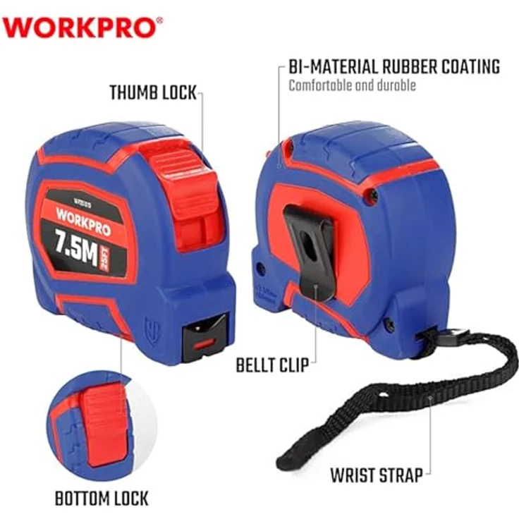 WORKPRO WP261010, 7,5 m x 25 mm nylonummanteltes gelbes Stahlbandmaß, langlebig und hochflexibel – Bild 3