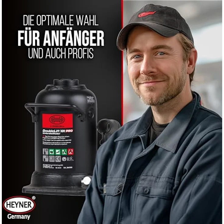 HEYNER® Stempelwagenheber Hydraulisch 10t, Doppelhub-Unterstellheber mit Hubhöhe 210-442mm, inkl. Tasche für SUV/LKW – Bild 8
