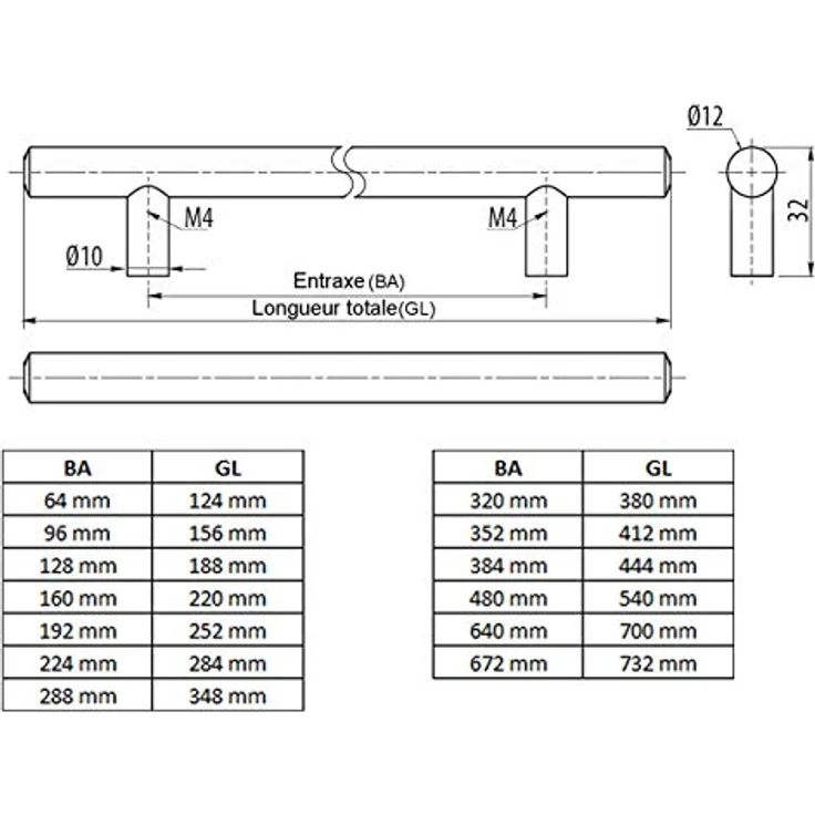 Sotech G6-6 Stangengriff Möbelgriff, Echt Edelstahl gebürstet, 224 mm Länge, Ø 12 mm, inkl. Schrauben – Bild 4