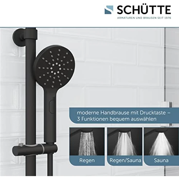 SCHÜTTE MADURA Duschsystem mit Thermostat, Duschset Regendusche inkl. Kopfbrause, Handbrause, mit Duschstange, Überkopf Brauseset Duschsäule Duscharmatur in Matt Schwarz – Bild 3