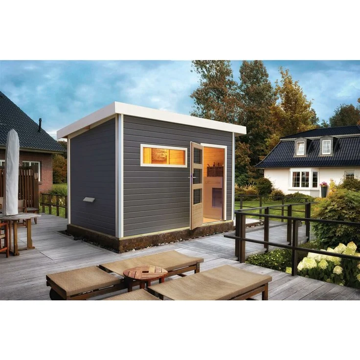 Karibu Saunahaus Skrollan 2 mit moderner Tür Set terragrau mit Ofen 9 kW Bio, externe Steuerung easy – Bild 2