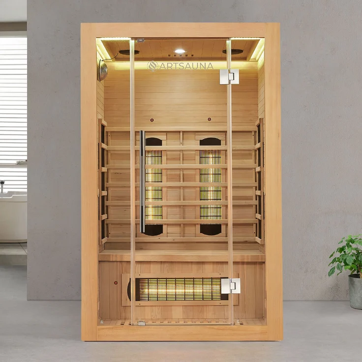 Artsauna Infrarotkabine Kiruna120 Dual Technologie – 5 Vollspektrumstrahler & 3 Flächenstrahler – 2 Personen – LED Farblicht – Radio - Hemlock-Holz, 120 x 105 x 190 cm – Bild 2