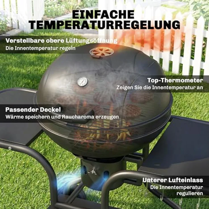 Outsunny Holzkohlegrill BBQ Smoker, 129 x 63,5 x 106,5 cm mit Seitentischen, Deckelthermometer und Rädern, Kugelgrill für Garten und Camping – Bild 5