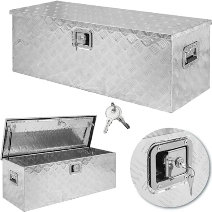 Trucky Truckbox Aluminium Deichselbox, abschließbar, 109 x 40 x 38 cm, Werkzeugkiste im Riffelblech-Look – Bild 2