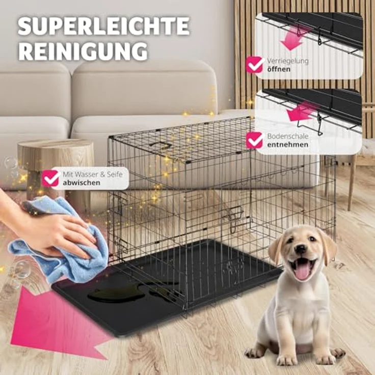 tectake® Hundekäfig, Hundegitter Box, Dog Kennel, Hundebox faltbar, Transportbox stabil, für Hunde und Welpen, für Kofferraum, Auto, Camping und Zuhause, Wohnung - 91,5 x 59,5 x 64 cm, Grau – Bild 4