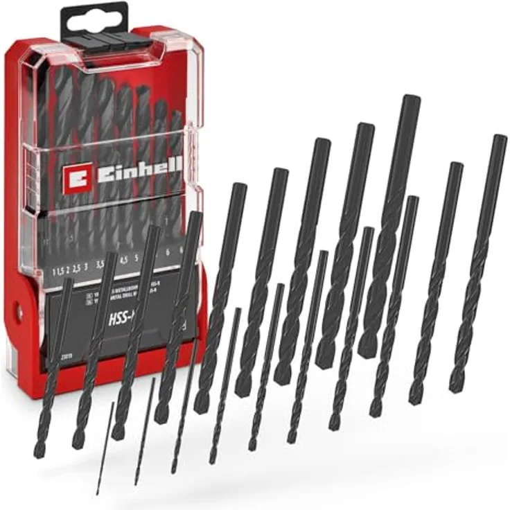 Einhell 19-tlg. HSS-R Metallbohrer-Set, HSS 4241 Stahl, schwarz brüniert, 135°-Bohrspitze, rollgewalzte Typ N Spirale, Rundschaft, inkl. Aufbewahrungskassette