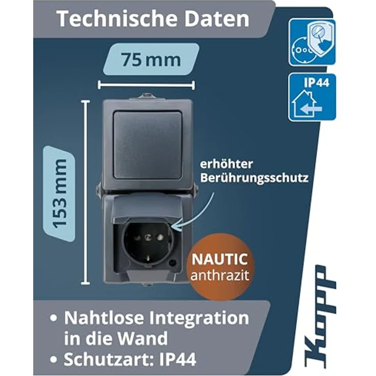 Kopp Abdeckrahmen 138515009, Aufputz-Feuchtraum Kombination, anthrazit, IP44 Schutzart, 16A Steckdose, Wechselschalter – Bild 2