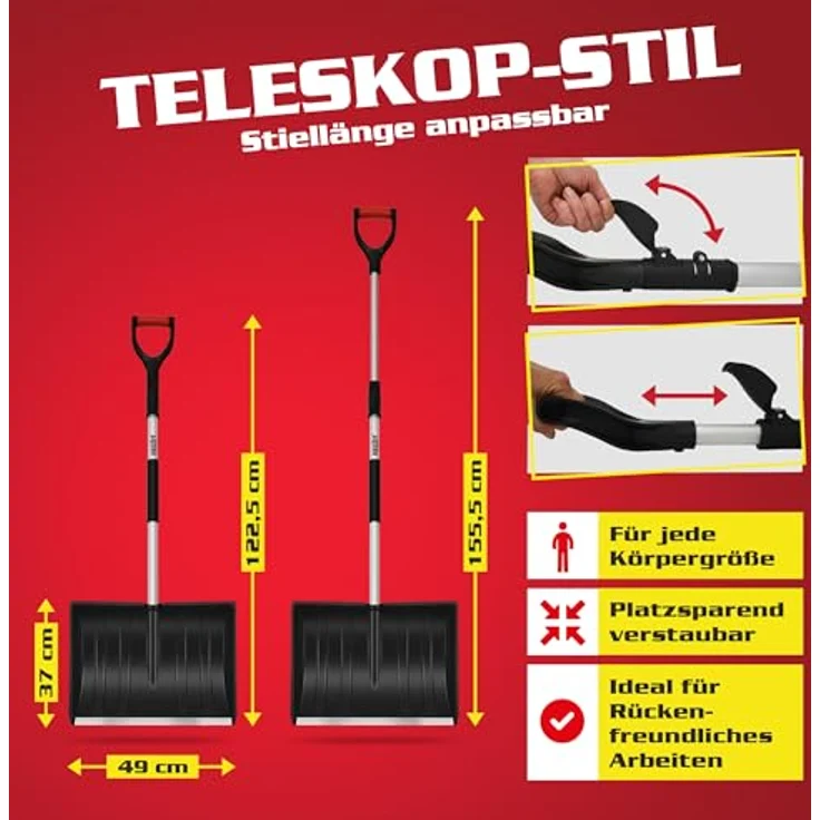 HECHT Schneeschaufel Teleskop 485 TF, 49 cm breite Schaufelfläche, stufenlos verstellbarer Teleskop-Stiel, leicht und stabil, ergonomischer D-Griff – Bild 2