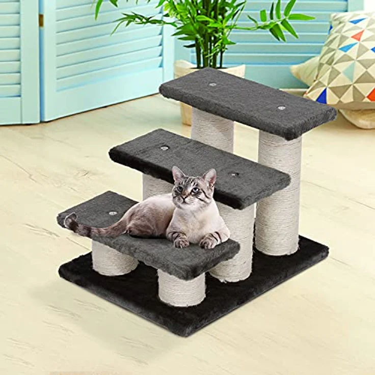PawHut Tiertreppe Katzentreppe 3 Stufen Hundetreppe Treppe für Katze und Hunde Plüsch Dunkelgrau 45 x 35 x 34 cm – Bild 2