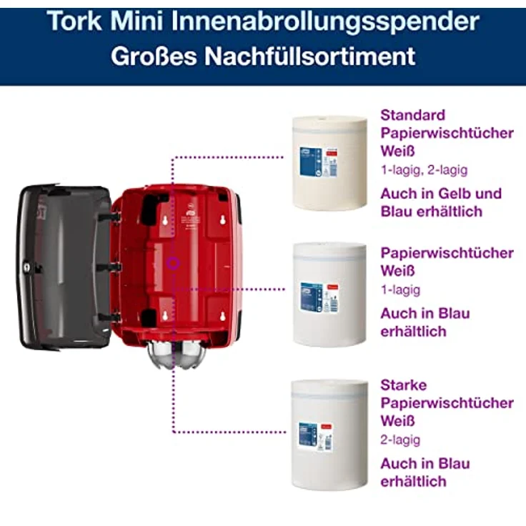 Tork 659008 Innenabrollungsspender für M2 Papierwischtücher, hygienische Einzeltuchentnahme, rot-schwarz, modernes Design – Bild 3