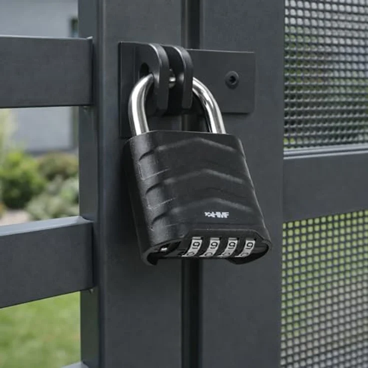HMF Vorhängeschloss mit 4-stelligem Zahlencode, robustes Aluminiumlegierung Schloss, 5,6 x 2,6 x 8,7 cm, Schwarz – Bild 4