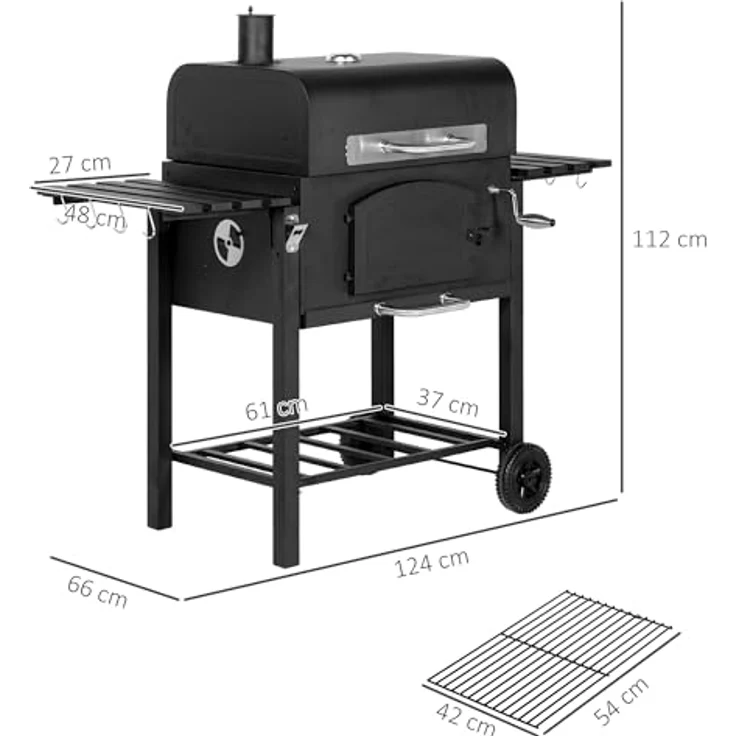 Outsunny Holzkohlegrill BBQ Gartengrill mit Deckel und Ablagen Campinggrill mit Smoker Warmhalteplatte Regale Gartenparty Transportrollen Metall Schwarz 124 x 66 x 112 cm – Bild 5