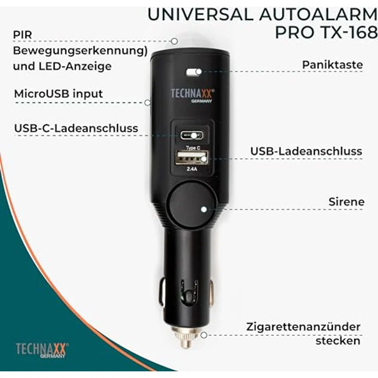 Technaxx Autoalarm Pro Alarmanlage, wiederaufladbare Anti-Diebstahl-Gadget, 105dB, USB-C, schwarz – Bild 4