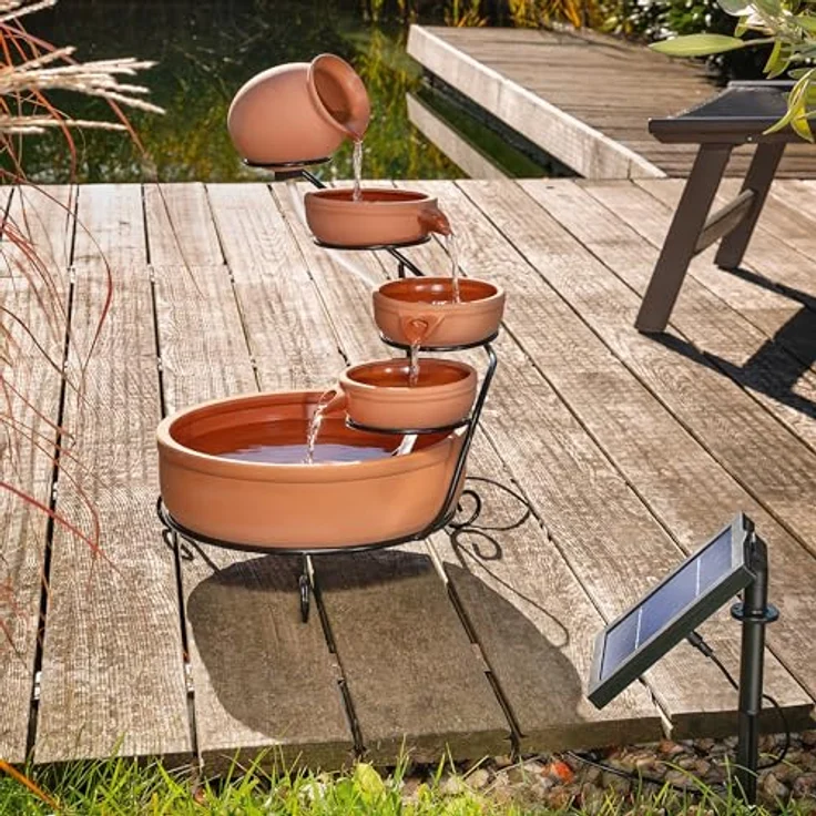 Esotec Solar Kaskadenbrunnen Livorno, Keramik, terrakotta, freistehend mit 4 Schalen, 55 cm hoch, Solar-Pumpe 170l/h – Bild 2