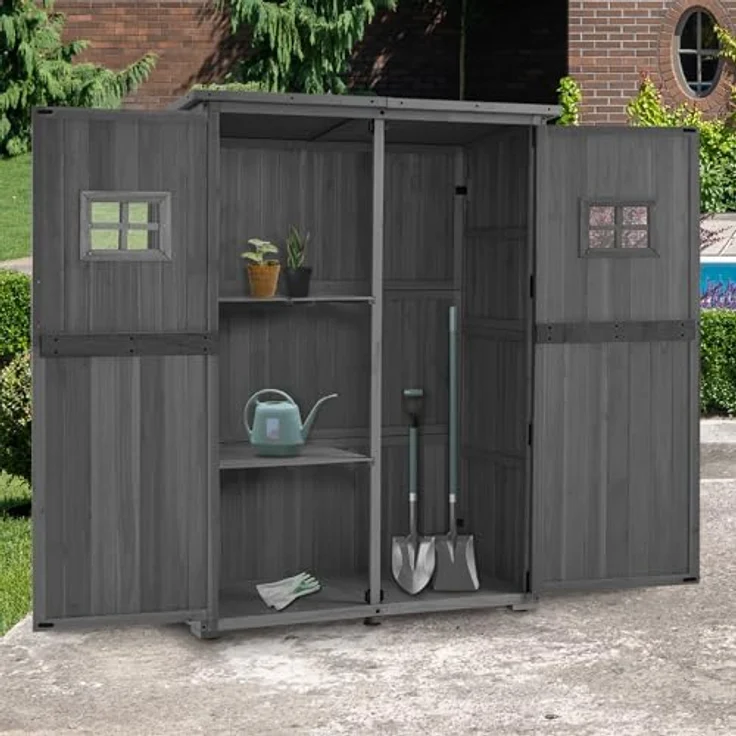 M MCombo Gartenschrank Holz 127×59×168 cm, Wetterfestes Gerätehaus mit 2 Abteilen, Grau – Bild 2