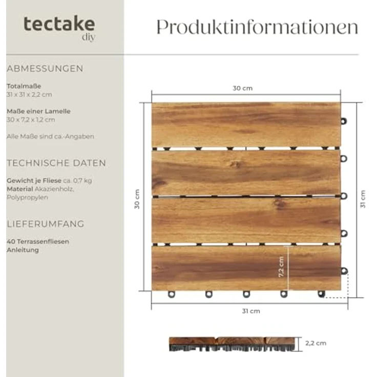 tectake Terrassenfliesen Tabula, 3,844 m², 40-teiliges Set mit Klicksystem, Akazienholz, rutschfest und wetterfest – Bild 6