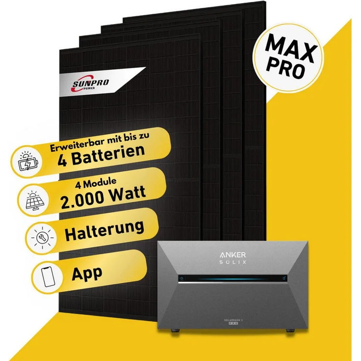 Balkonstrom Balkonkraftwerk MAX Pro 2000 Watt, Komplettset mit 4x 500 W monokristallinen Solarmodulen, Anker Solix E5000 Speicher, Halterung für Balkon und Dach
