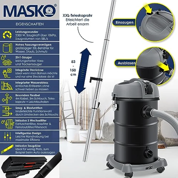 MASKO® 6IN1 Industriestaubsauger 2300W + Steckdose | Trocken- & Nasssaugen, Blasfunktion, beutellos, Grau – Bild 2