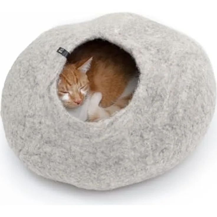 LucyBalu® Premium Katzenhöhle aus Filz, 100% Schafwolle, handgefertigt in Nepal, Kuschelhöhle für Katzen, hellgrau, 45x45x28 cm