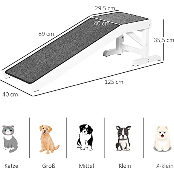 PawHut Haustierrampe mit rutschfestem Teppich Haustierleiter Hunderampe für Hund bis 30 kg Kiefernholz Polyester Weiß+Grau 125 x 40 x 35,5 cm – Bild 5