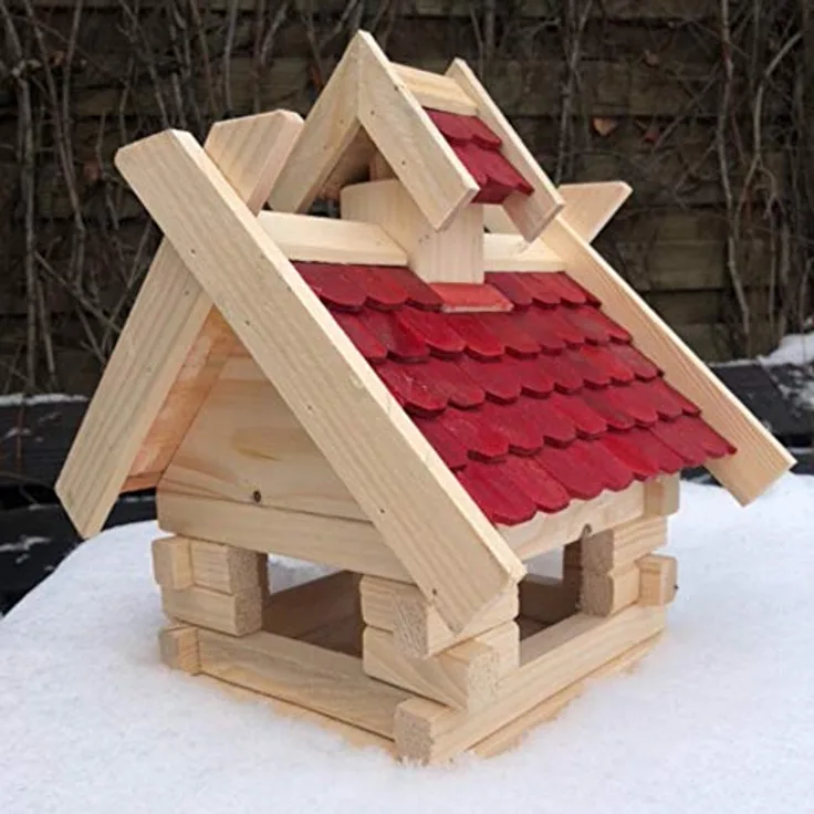 Darlux Rechteckiges Vogel Futter Haus Futterstelle Vogelhaus aus Holz Natur-Rot