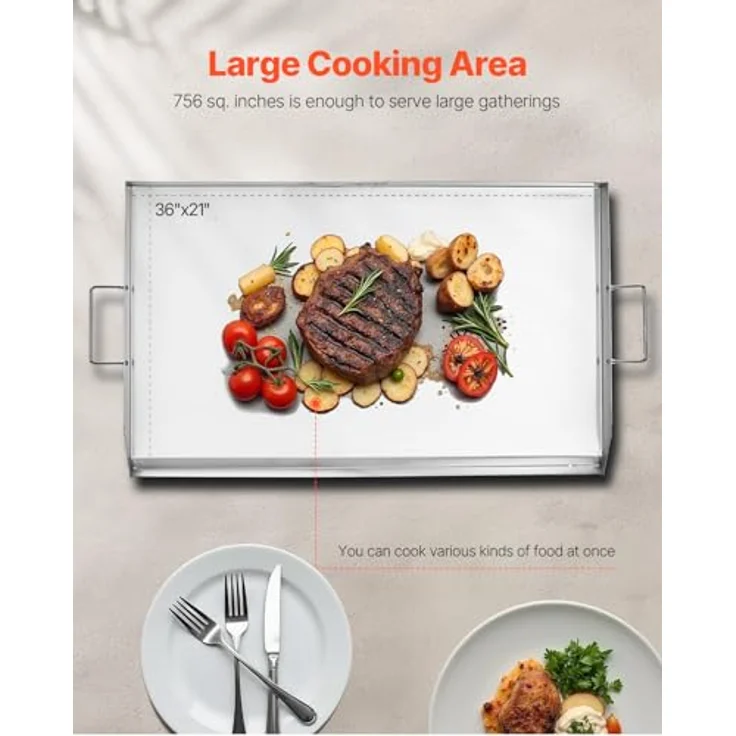 VEVOR Grillplatte Edelstahl, universelle rechteckige Grillpfanne (910 x 525 mm) mit flacher Oberseite, kompatibel mit Gas- und Elektroherden, inklusive Fettauffangschale und Abtropfloch – Bild 4