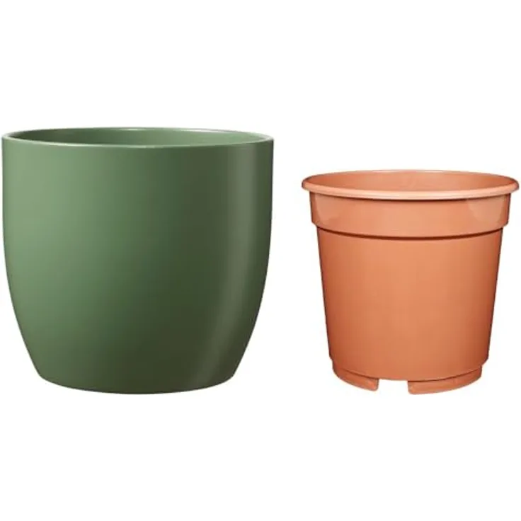 Set - SK Soendgen Kermikübertopf Basel ø10 cm, moosgrün matt + Kulturtopf ø8, hochwertiges Wohnambiente