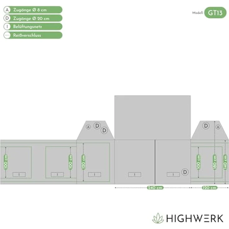 HIGHWERK MyHomeGrow Growzelt 240 x 120 x 180 cm, lichtdicht schwarz-grün, für Dachschräge, mit wasserdichtem Bodeneinsatz und 95% Lichtreflektion – Bild 2