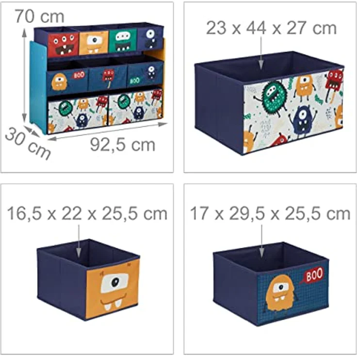 Relaxdays Kinderregal mit 9 Stoffboxen, Monster Design, HxBxT: 70 x 92,5 30 cm, Spielzeugregal fürs Kinderzimmer, bunt, Dunkelblau, Türkis, Orange – Bild 4