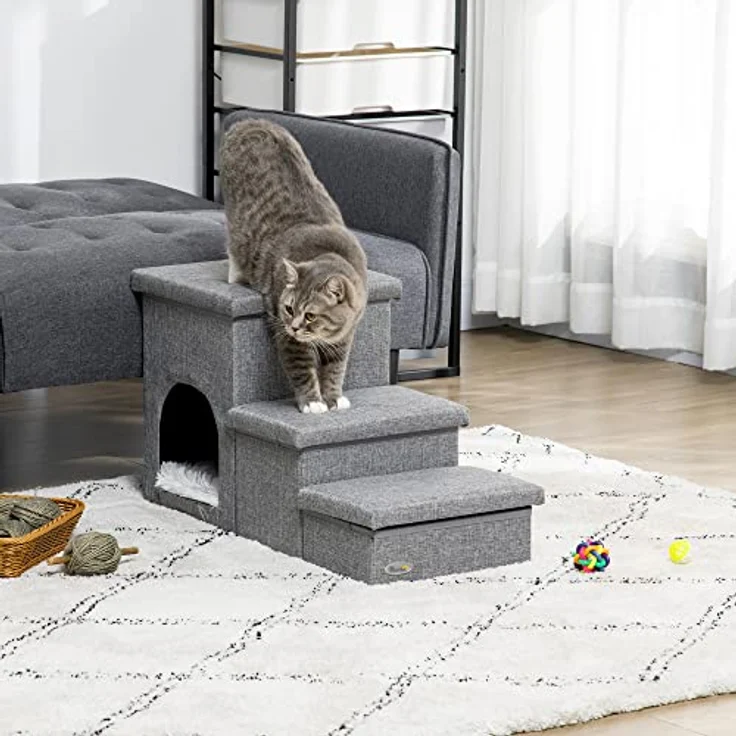 PawHut Hundetreppe, 3 Stufige Katzentreppe mit Höhle, Haustiertreppe mit Stauraum, Kissen, 3-in-1 Haustierrampe, bis 10 kg Belastbar, für Sofa, Bett, Leinen, Hellgrau – Bild 2
