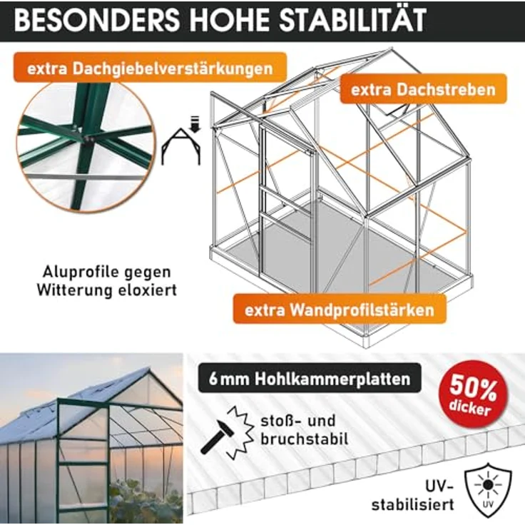 BRAST Gewächshaus Aluminium mit Fundament, 130x190x195cm, grün, 6mm Hohlkammerplatten, rostfrei, wetterfest und temperaturbeständig – Bild 4