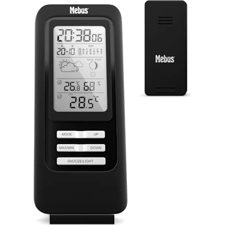 MEBUS Wetterstation 40687, funkgesteuert mit Außensensor, Thermometer/Hygrometer, Funkuhr, Wohlfühlindikator, Wettervorhersage, Mondkalender, Wecker, Farbe: Schwarz – Bild 1