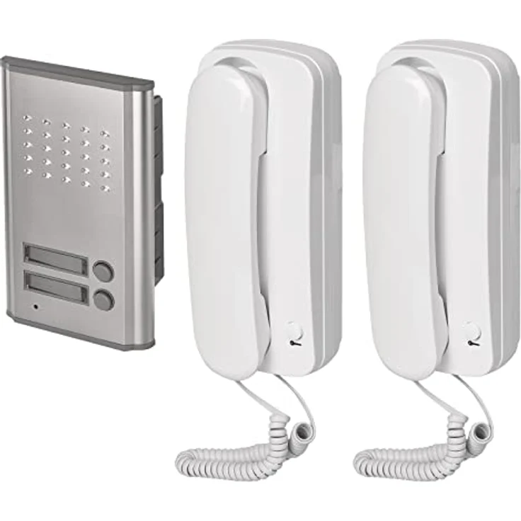 EMOS Audio-Türsprechanlage Set für Zwei Teilnehmer, Aufputzmontage, elegantes Design mit weißem Telefonhörer und grauer metallener Klingeltaste, Türöffner-Möglichkeit – Bild 1